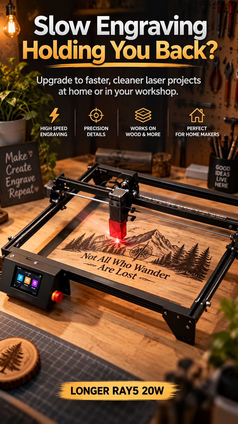 longer ray5 20w laser engraver high-power laser cutter machine 0-01mm-precision 24000mm min speed color metal engraving wood acrylic glass leather 3-5-touchscreen app-offline 400x3